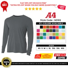 A4 N3165 Mens Polyester Cooling Performance Long Sleeve T Shirt Dri-Fit T-Shirt
