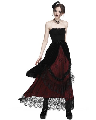 Dark in Love Long Gothic Skirt Black Red Velvet Lace Steampunk Victorian Bustle - Picture 5 of 12