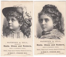 Stoneham, Massachusetts~Sanborn & Hill Boots, Shoes~Lot of 2 Antique Trade Cards