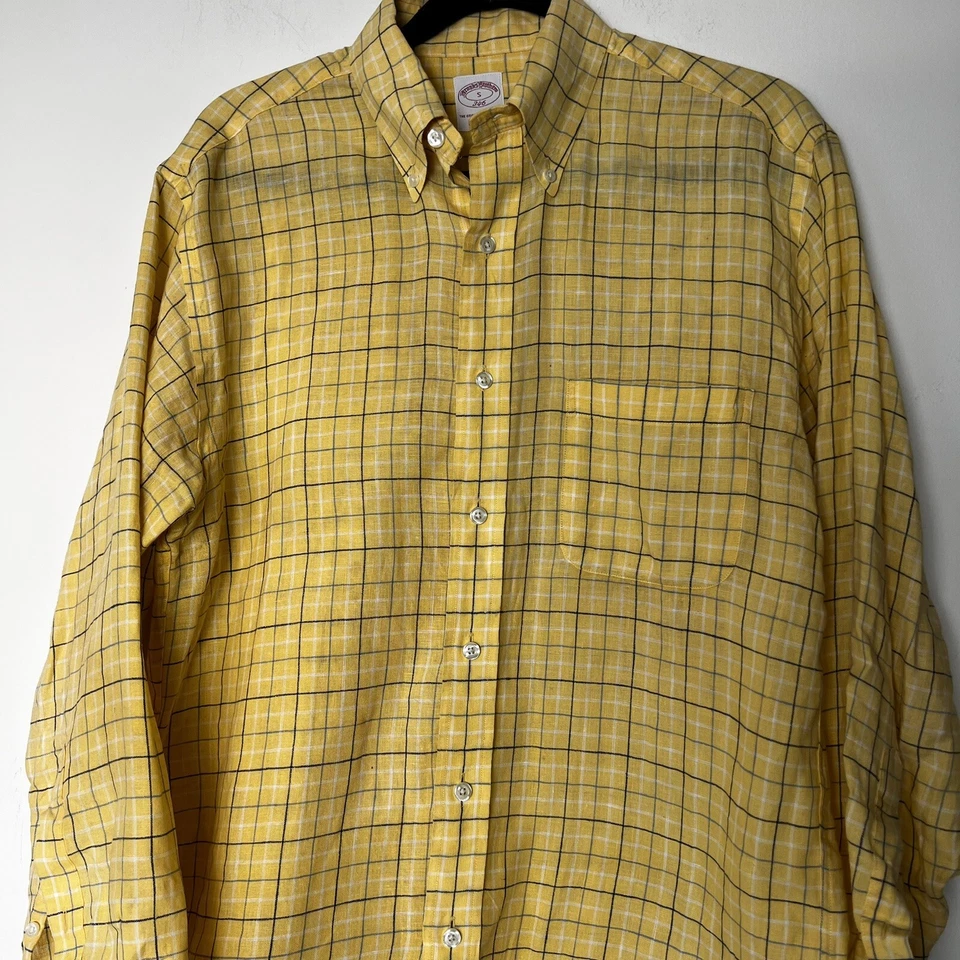 Brooks Brother 346Men Shirts  Small 100% Linen Yellow Stripe Button Long Sleeve  - Image 2 of 4