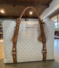 Michael Kors Bedford Legacy Large Logo Tote Bag in Vanilla and Acorn