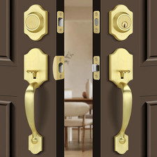 Elegant Brushed Gold Double Front Door Handleset with Deadbolt Reversible Leve