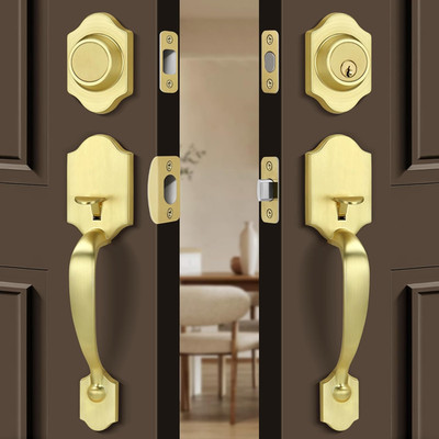Elegant Brushed Gold Double Front Door Handleset with Deadbolt & Reversible Leve