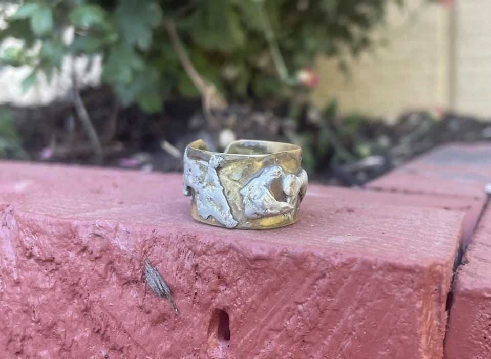 Anillo artesanal de latón y plata de piedra natural ojo de tigre joyería Foto 2 de 4