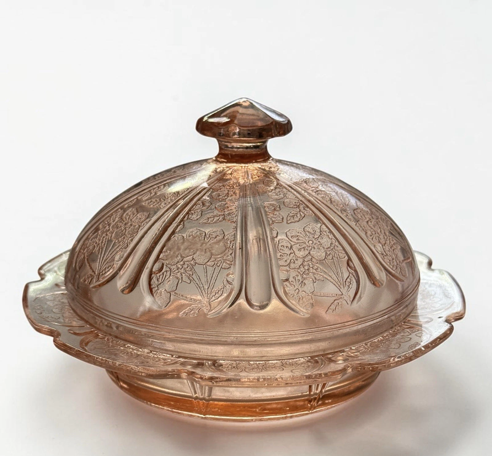 Jeannette Cherry Blossom Pink Depression Glass Covered Butter/Candy Dish 1930s