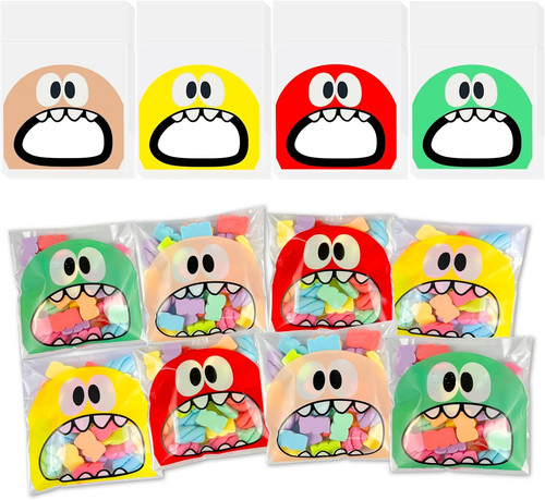 200PCS Self Adhesive Cookie Candy Bags Big Mouth Monster Bakery Decorating Treat
