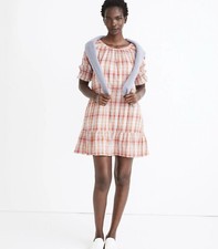 Madewell Plaid Ruffle Sleeve Mini Dress Womens Medium Summer Beach Picnic NEW