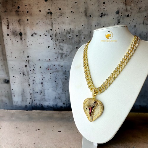 Iced Out Gold Plated Alloy Cuban Chain- Brass Snake Cobra Gold Plated Pendant - Picture 4 of 9