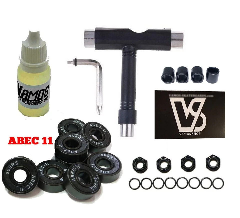 VAMOS SKATEBOARD & LONGBOARD TUNING SET mit Tool Bearings ABEC11 Öl Spacer Nuts Washer