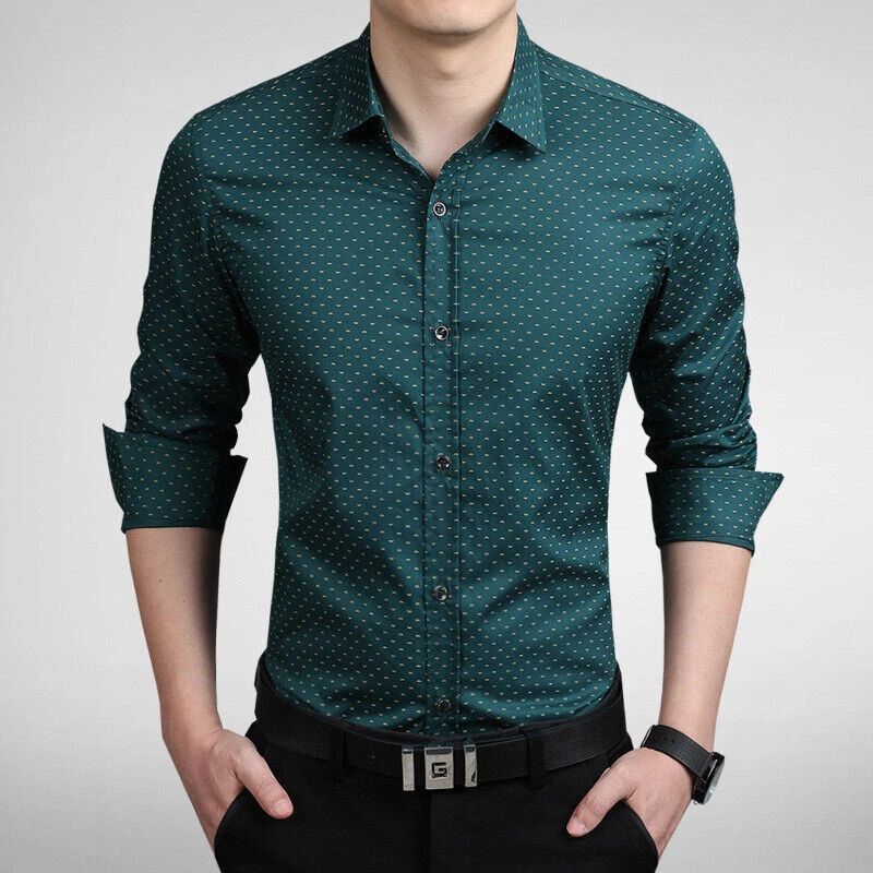 Mens Dress Shirts Long Sleeves Luxury Casual No Iron Slim Polka Dot Shirts Tops - Image 3 of 4