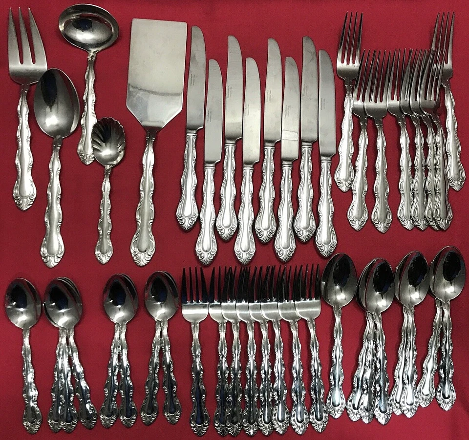 45 Pc BORDEAUX Stainless 18/10 SERVICE FOR 8 + SERVING PCS Reed & Barton China - Image 3 of 4