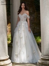 Off The Shoulder Wedding Dress Sparkly 3D Flower Beads Bride Robe Classic A-line