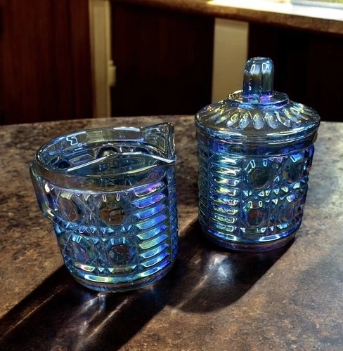 Vintage Indiana Carnival Glass Windsor Blue  Creamer & Sugar Bowl Set
