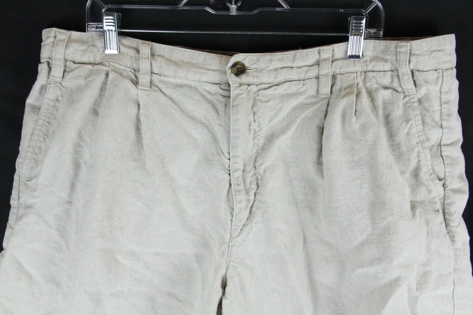 VTG 90s Eddie Bauer Linen Chino Shorts Mens 42 Khaki Tan Pleat Coastal Preppy - Image 2 of 4