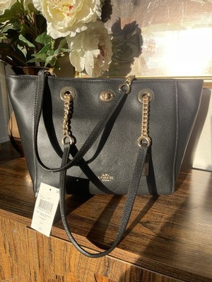 NWT Coach Pebble Black Tote Gold Time Hardware Shoulder Bag Turn lock Chain Tote