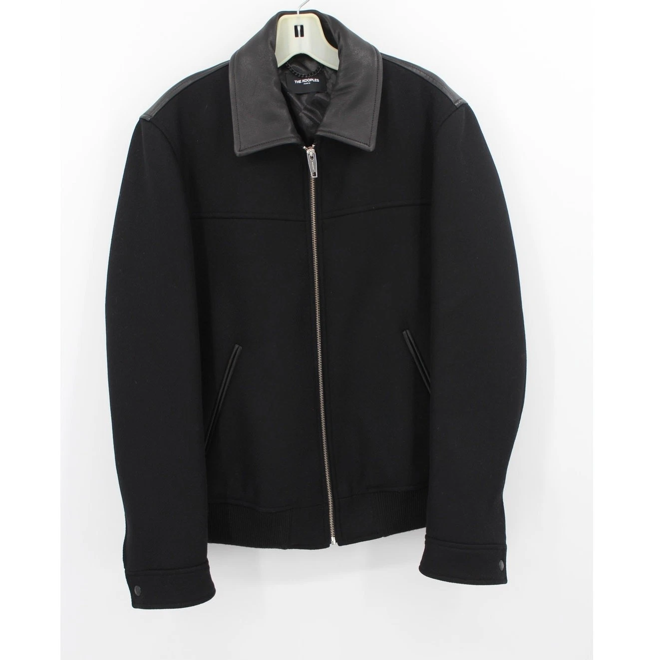 The Kooples Mens Wool Bomber Jacket Lambskin Leather Trim Size Medium NEW Black - product detail image 1