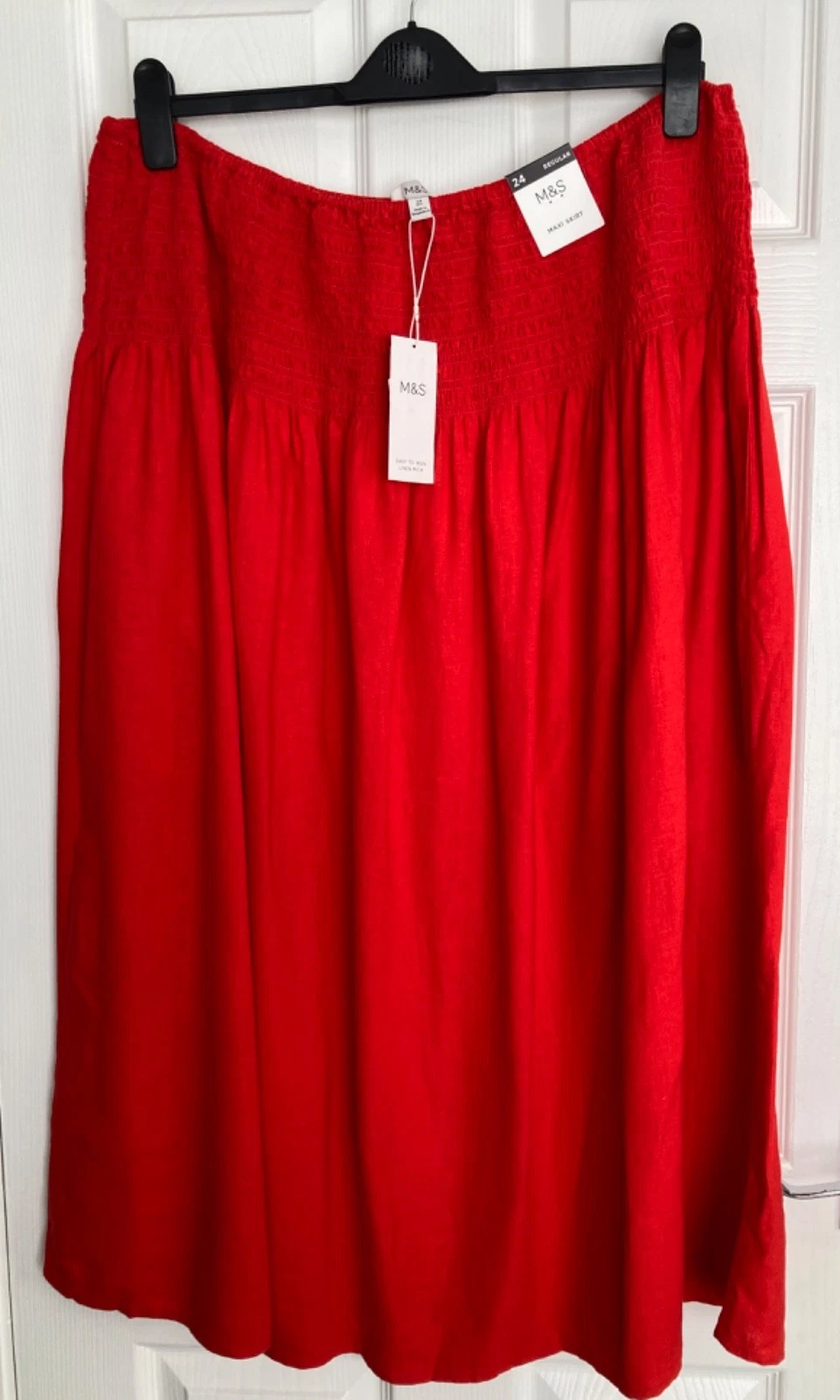 NEW M&S Ladies Tomato Red Linen Rich Maxi A-Line Skirt Size 24R