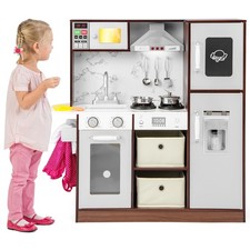 Kids Play Kitchen Pretend Kitchen Set w/ Sounds, Lights, 2 Fabric Drawers Coffee