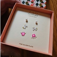 FAO Schwarz 3PC Faux Pearl Unicorn Crown Fine Silver Plate Stud Earring Gift Set