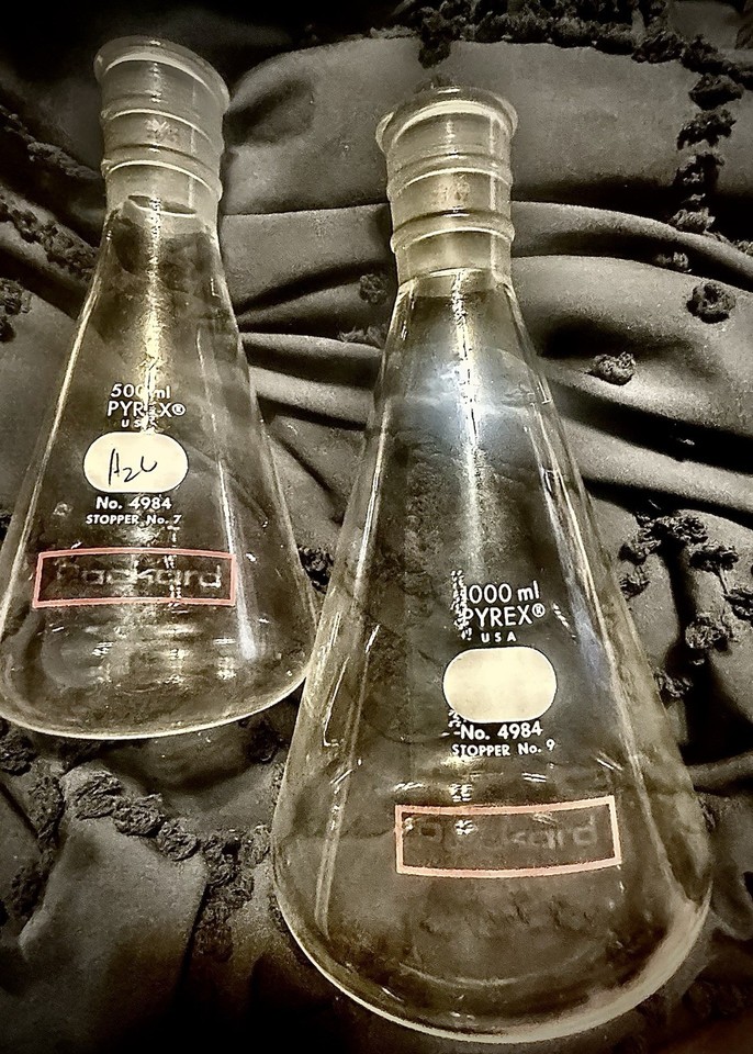 Authentic vintage Pyrex Erlenmeyer lab flasks from a real Packard Instrument set — the kind of glassware that looks as cool on a bar cart as it did in a lab.