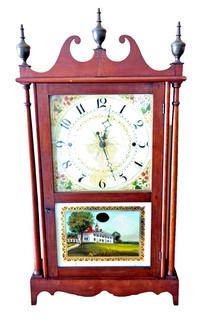Unusual 1840 Torrington Movement Wooden Works Pillar & Scroll Clock