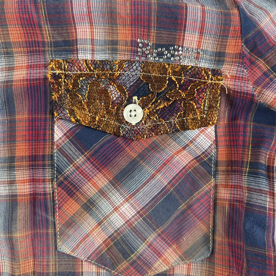 Blusa Roar Feminina Pequena Xadrez Renda Bordada Strass Blusa Ocidental - Imagem 3 de 4