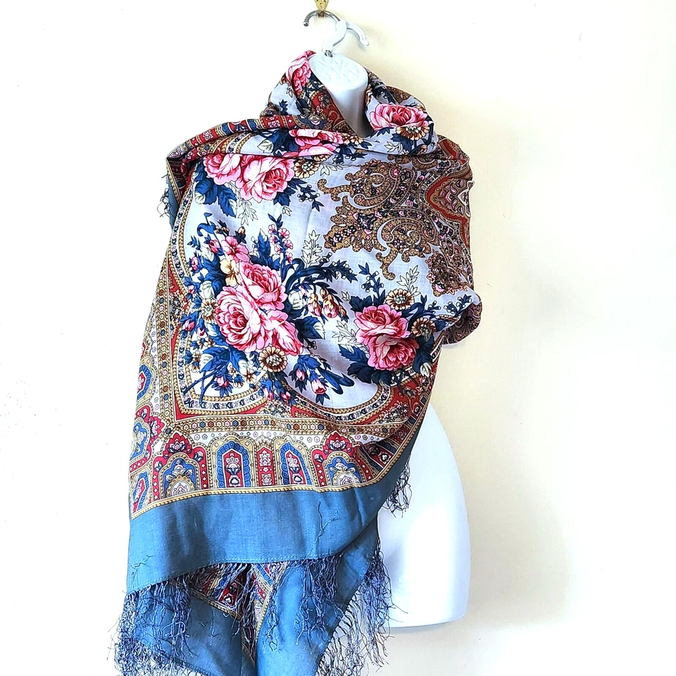 VINTAGE OVERSIZED 58" SQUARE SHAWL FINEST SILKY WOOL BLUE PIANO FLORAL ROSE - Image 3 of 4