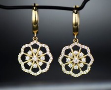 14k Yellow / White Gold Dangle CZ Flower Huggie Earrings