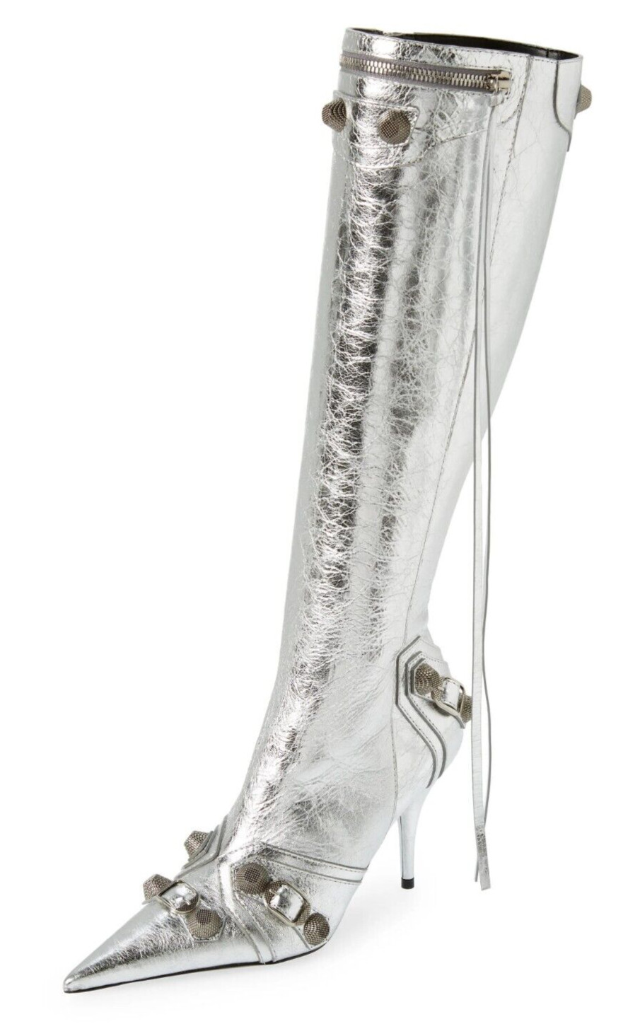 2550 Balenciaga Womens Cagole Leather Knee High Heel Boots Silver Size 38 US 8 135390₽