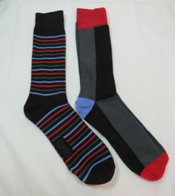 Men's 2 Pack ESPRIT Gray red blue black stripes crew socks size 10-13 