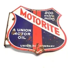 VINTAGE UNION MOTOR OIL MOTORITE PORCELAIN SIGN DOUBLE SIDED W/ FLANGE USED