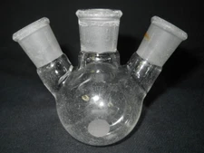 Chemglass 14/20 Joint Angled 3-Neck 50mL Round Bottom Flask, *Worn & Chipped*