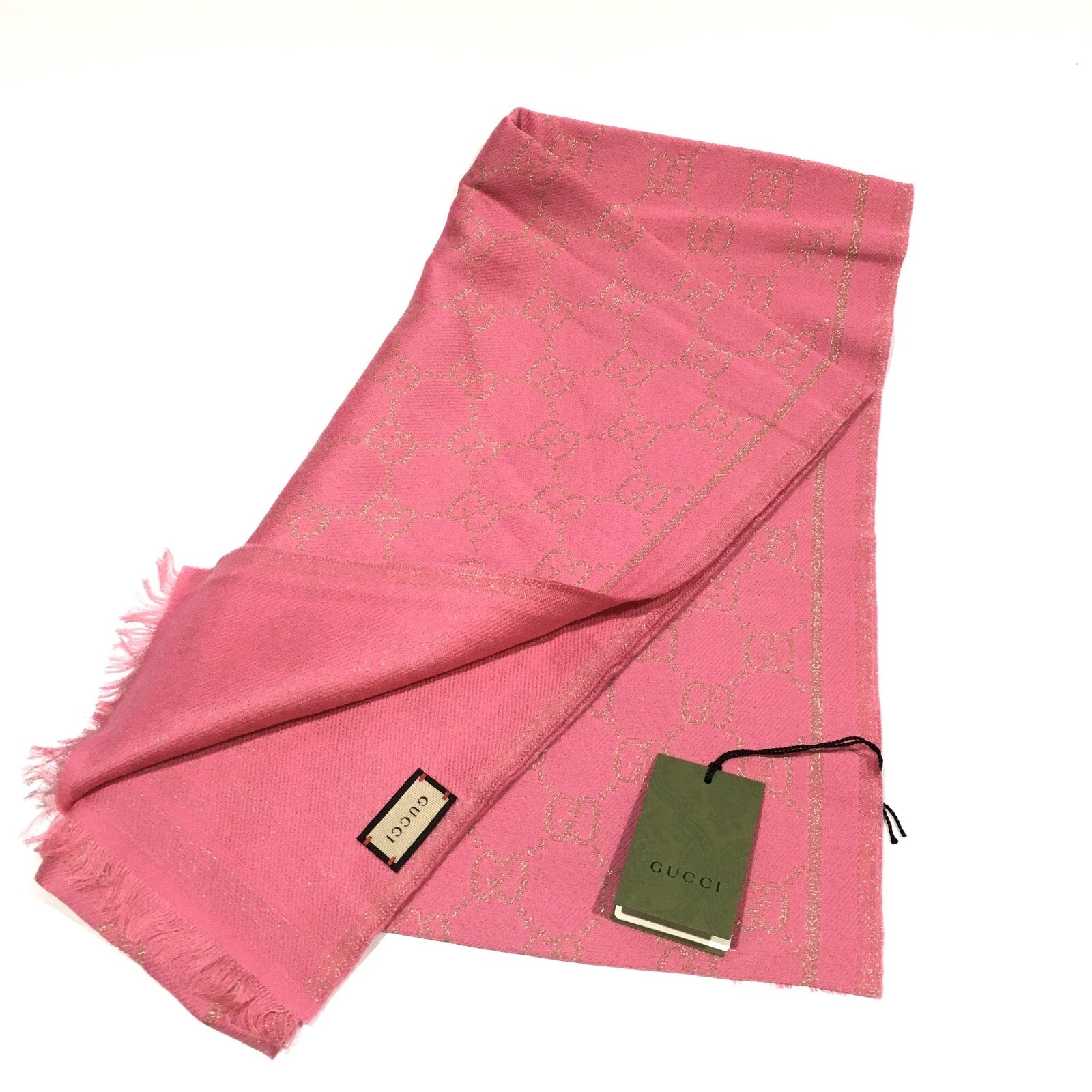 Écharpe longue GUCCI GG Guccissima   rose/or métallique   mélange modal laine   neuf avec étiquettes