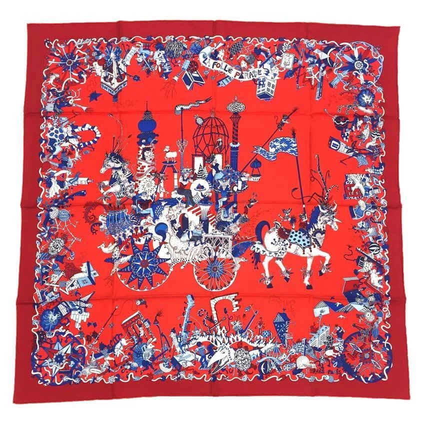 Hermes Scarf La Folle Parade 90 cm Silk red Carre horse 35