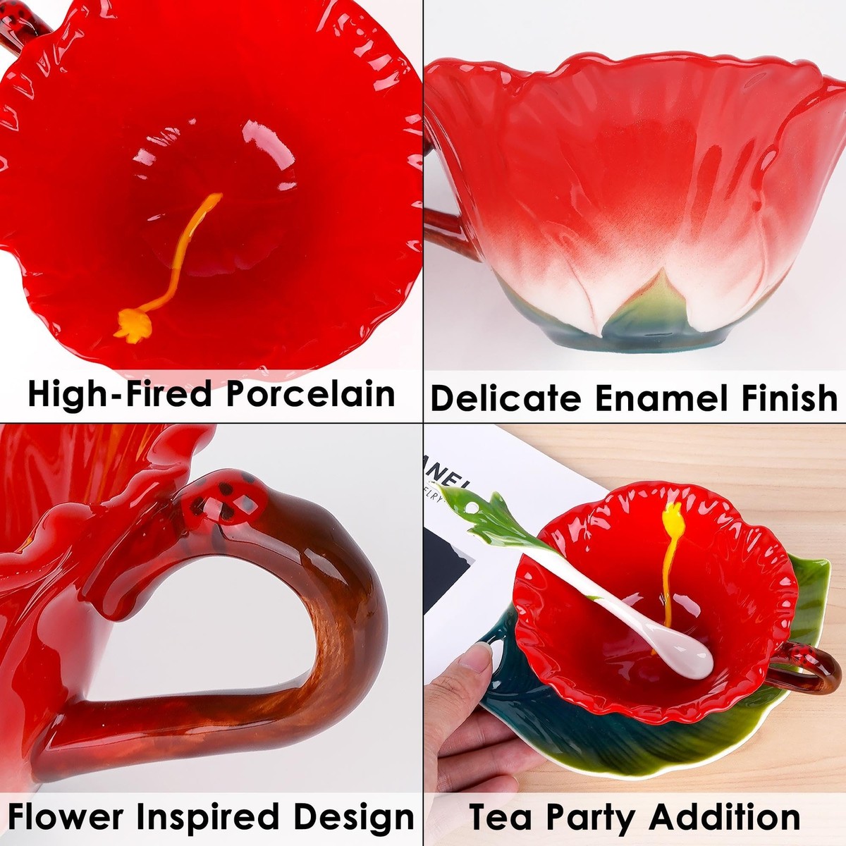 Hibiscus Flower Tea Cup and Saucer Set 6 Oz Enamel Flower
