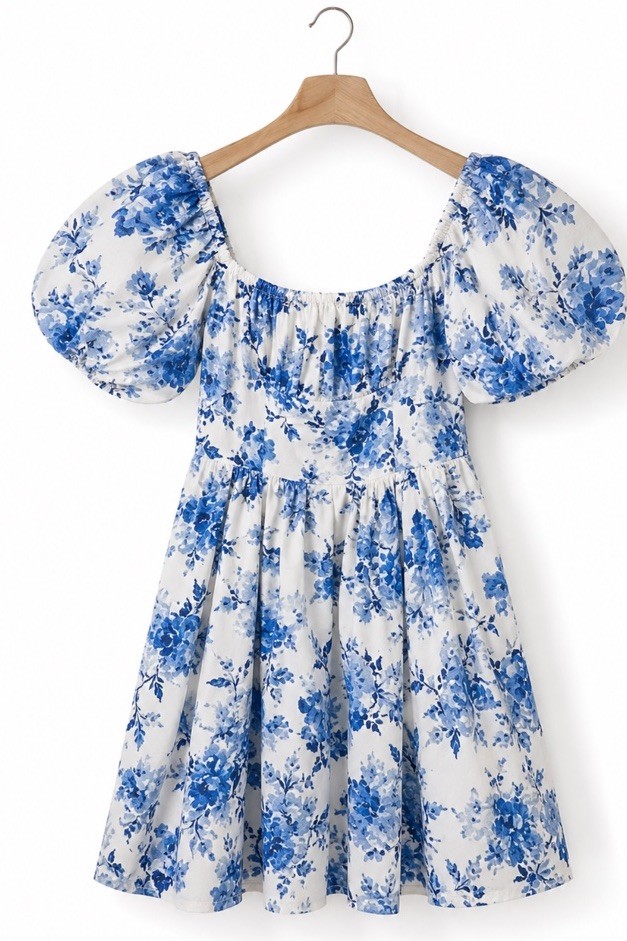 Art Class Girls Dress Size 6 Blue White Floral Puff Sleeve Cottagecore