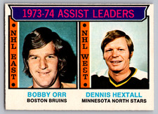 1974-75 O-PEE-CHEE #2 BOBBY ORR BRUINS & DENNIS HEXTALL NORTH STARS ASSIST LL