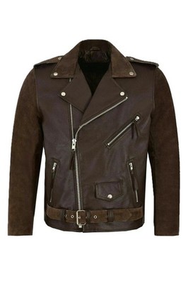 Brown Motorcycle Biker Real Suede Leather Jacket For Men