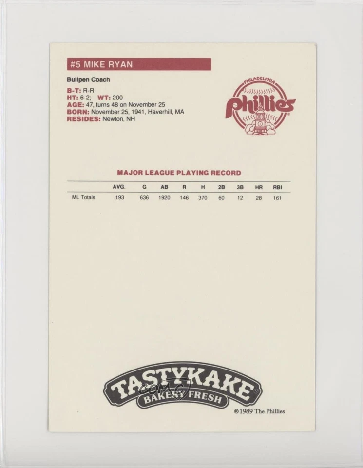 1989 Tastykake Philadelphia Phillies Mike Ryan #5 - Image 2 of 2
