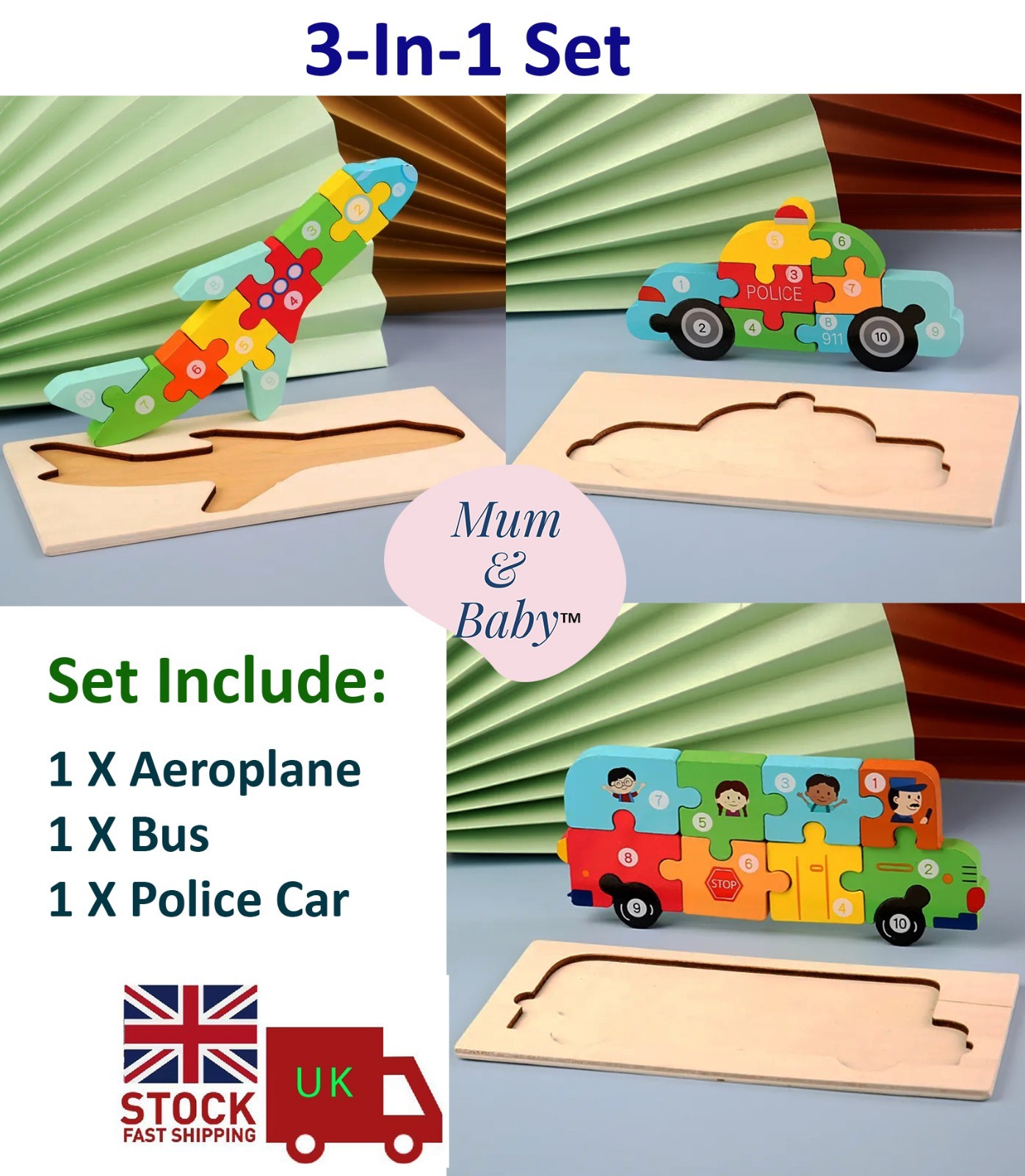 Kids Educational Wooden Jigsaw Puzzle Toy 3-IN-1 Set Toddler Pre-schoolers Gift