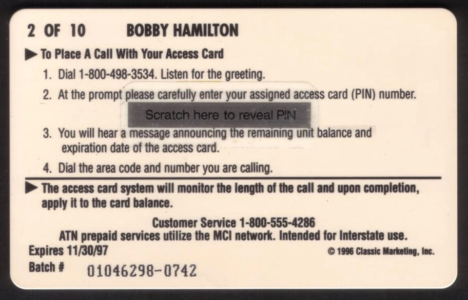 Bobby Hamilton (Card #2 of 10) Assets Racing 1996 Phone Card - Image 2 of 2
