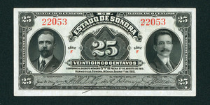 25 Centavos 1915 ((CHOICE CU)) El Estado De Sonora ** PAPER CURRENCY AUCTIONS