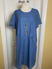 Vintage Blair denim short sleeve dress embroidered Ladybug cottage core L Pocket