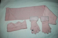 Girls PINK PEARL 3 PC WINTER SET Crown Headbnd FLEECE BACK SCARF Fur Trim Gloves