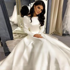 Simple A-Line Satin Wedding Dresses O-Neck Puff Sleeves Lace-up Bridal Gowns-