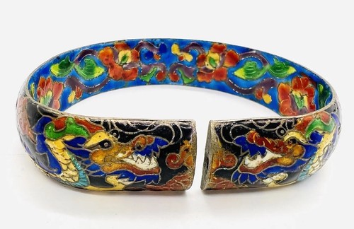 Chinese Export Sterling Silver Enamel Dragon Split Bangle Bracelet Vintage