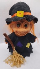 Vintage 1990s Russ Troll 5" Doll Witch with Broom Orange Hair Halloween