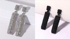 Womens Long Silver Black Textured Geometric Dangle Drop Decor Metal Earrings