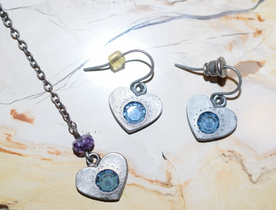 Pewter Hearts with Purple and Blue Bead Accents Y Necklace and Earrings Set - Image 4 of 4
