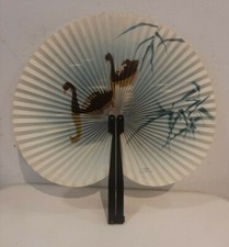 Antico Ventaglio cinese,ORIENTALE, CIGNI LAGO, MONTATURA NERO, VINTAGE